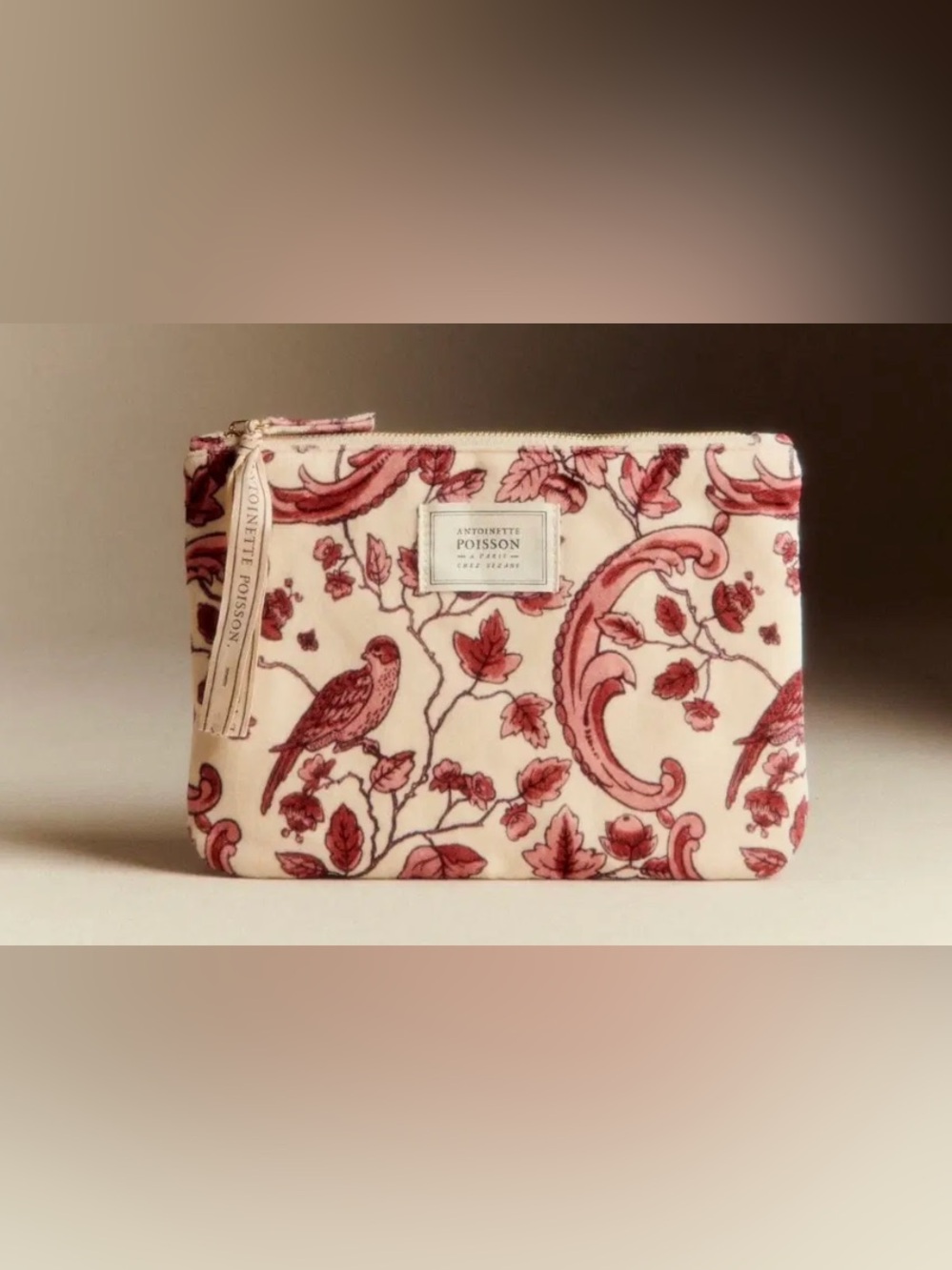 Sezane Pink and Cream Velvet Floral Zip Pouch